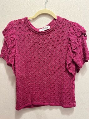 Mod Boutique Fuchsia Ruffle Sleeve Openwork Knit Blouse